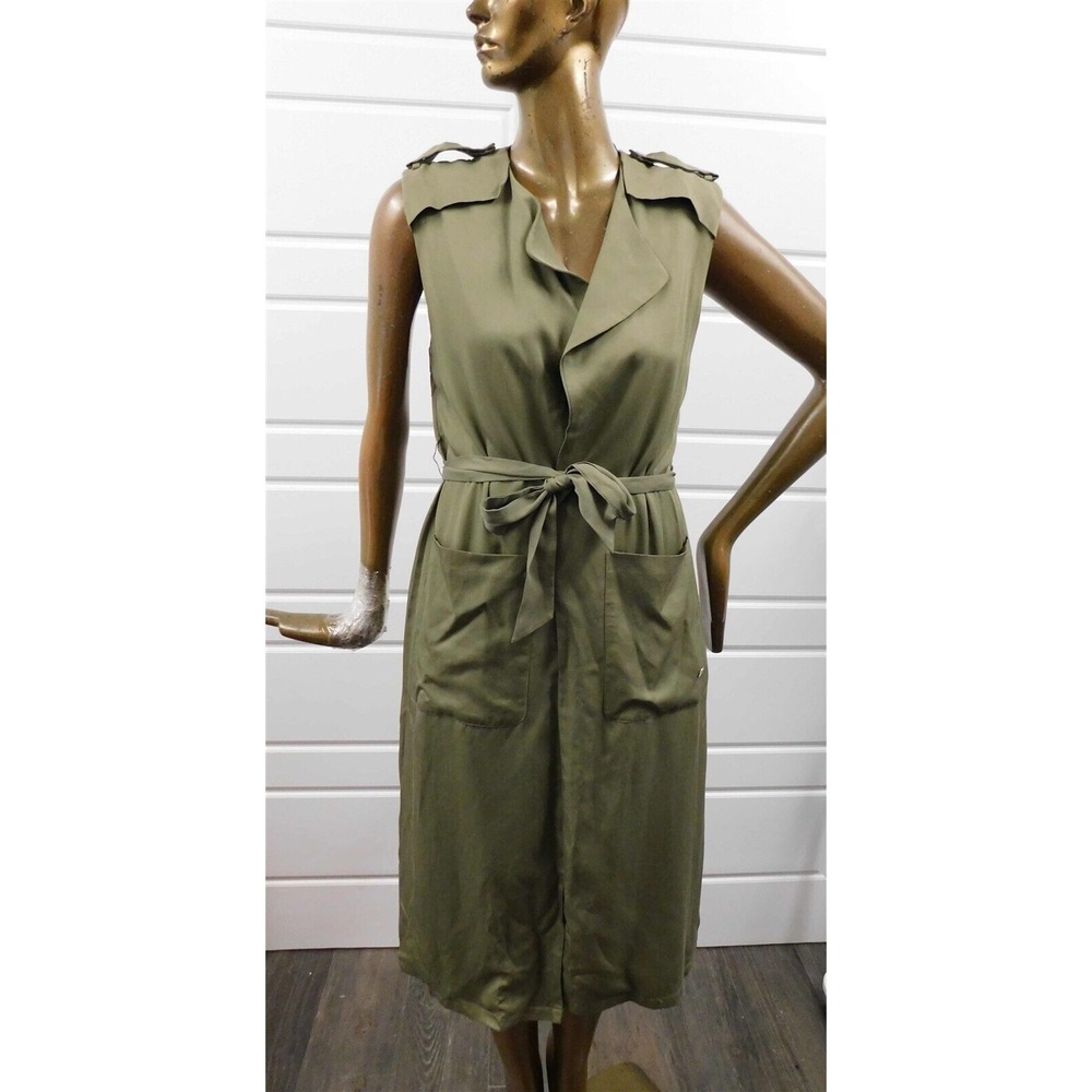New FRNCH Khaki Green Tie Sleeveless Shift Dress sz M